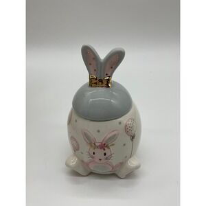 Ceramic Storage Jar Easter Bunny Small White Grey Pink Gold Bow Decor